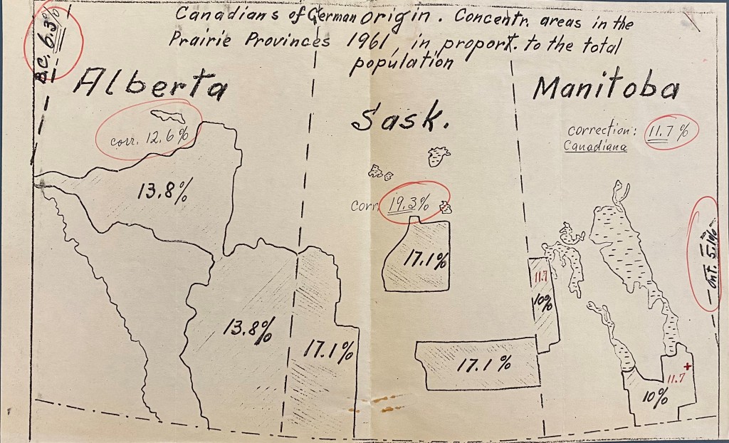Hand-drawn map titled “Canadians of German Origin. Concentr. Areas in the Prairie Provinces 1961, in proport. to the total population.” n.d.